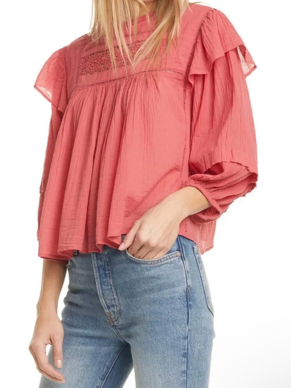 Free People Coral Gauze Peasant Blouse with Lace Yoke